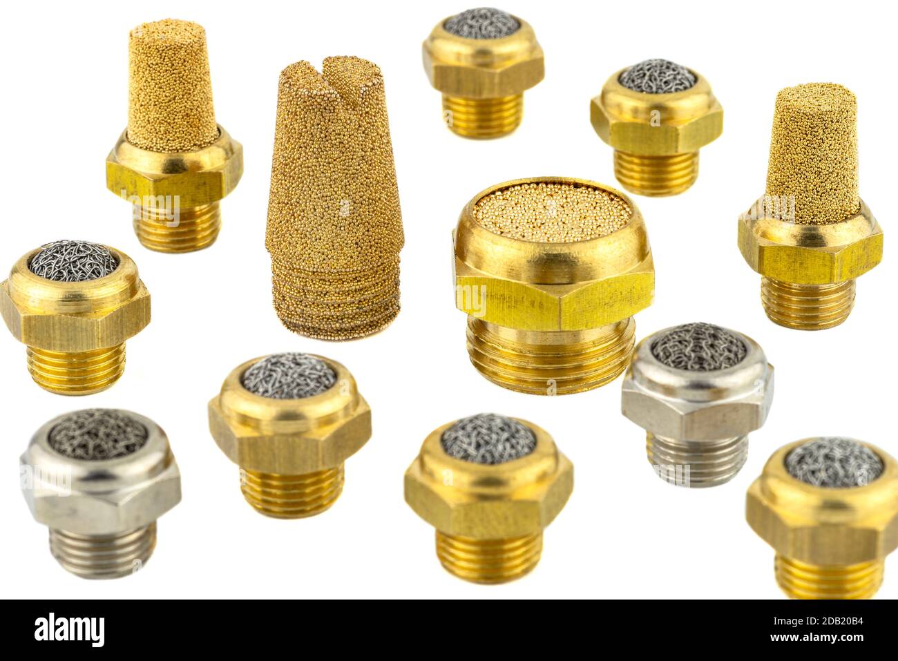 Macro shots of several randomly arranged air silencers covered with