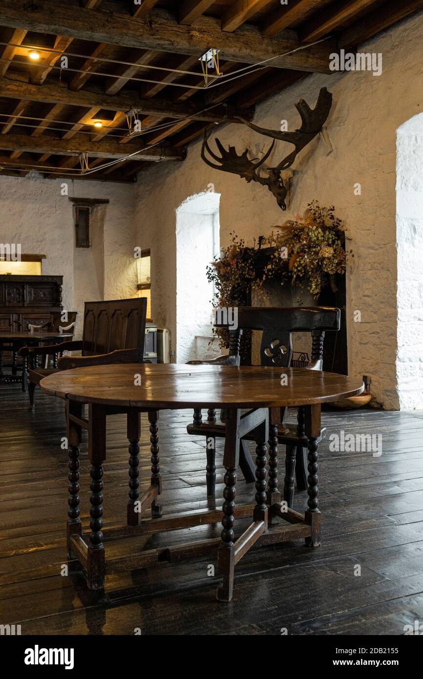 Main reception room with original fireplaces,giant deer antlers, and wooden furniture, Rothe house, Kilkenny, County Kilkenny, Ireland Stock Photo