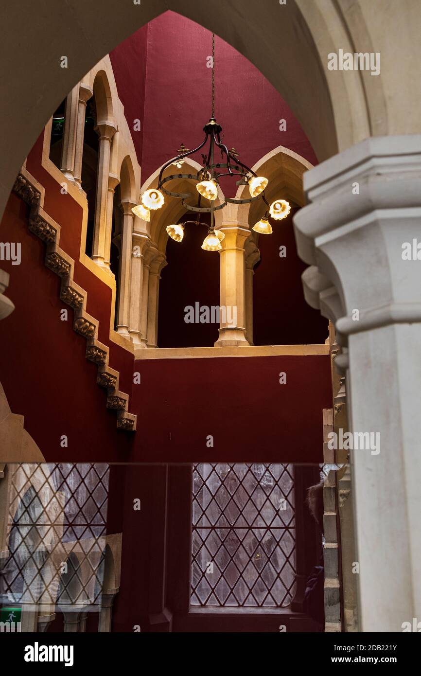 Moorish staircase with decorative stonework and lighting, designed by Deane and Woodward architects, Kilkenny castle, County Kilkenny, Ireland Stock Photo
