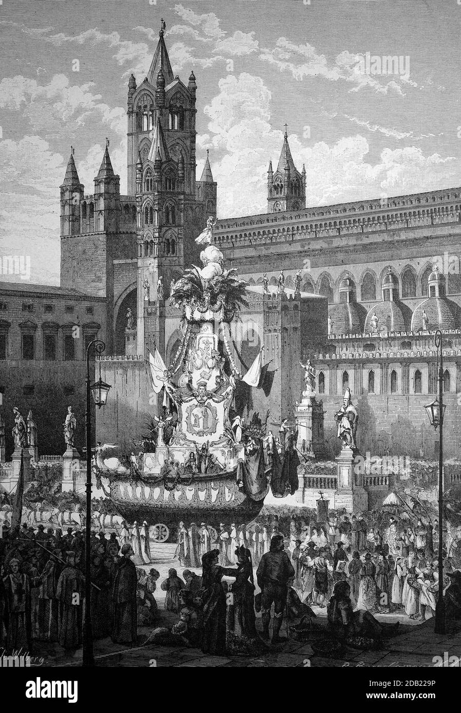 Rosalia procession at the cathedral in Palermo, The feast of St. Rosalia, Sicily, Italy, at the time of the Bourbons, ca 1850. St. Rosalia, la Santuzza, was a virgin and hermit on Monte Pellegrino  /  Rosalien Festzug an der Kathedrale in Palermo, Das Fest der heiligen Rosalie, Sizilien, Italien, zur Zeit der Bourbonen, ca 1850. Die heilige Rosalia, la Santuzza, war eine Jungfrau und Eremitin auf dem Monte Pellegrino, Historisch, historical, digital improved reproduction of an original from the 19th century / digitale Reproduktion einer Originalvorlage aus dem 19. Jahrhundert Stock Photo