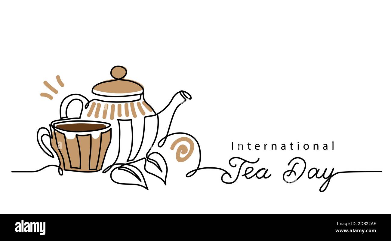 Tea day vector background with teacup and kettle. One line drawing art illustration,border, banner with lettering international tea day Stock Vector