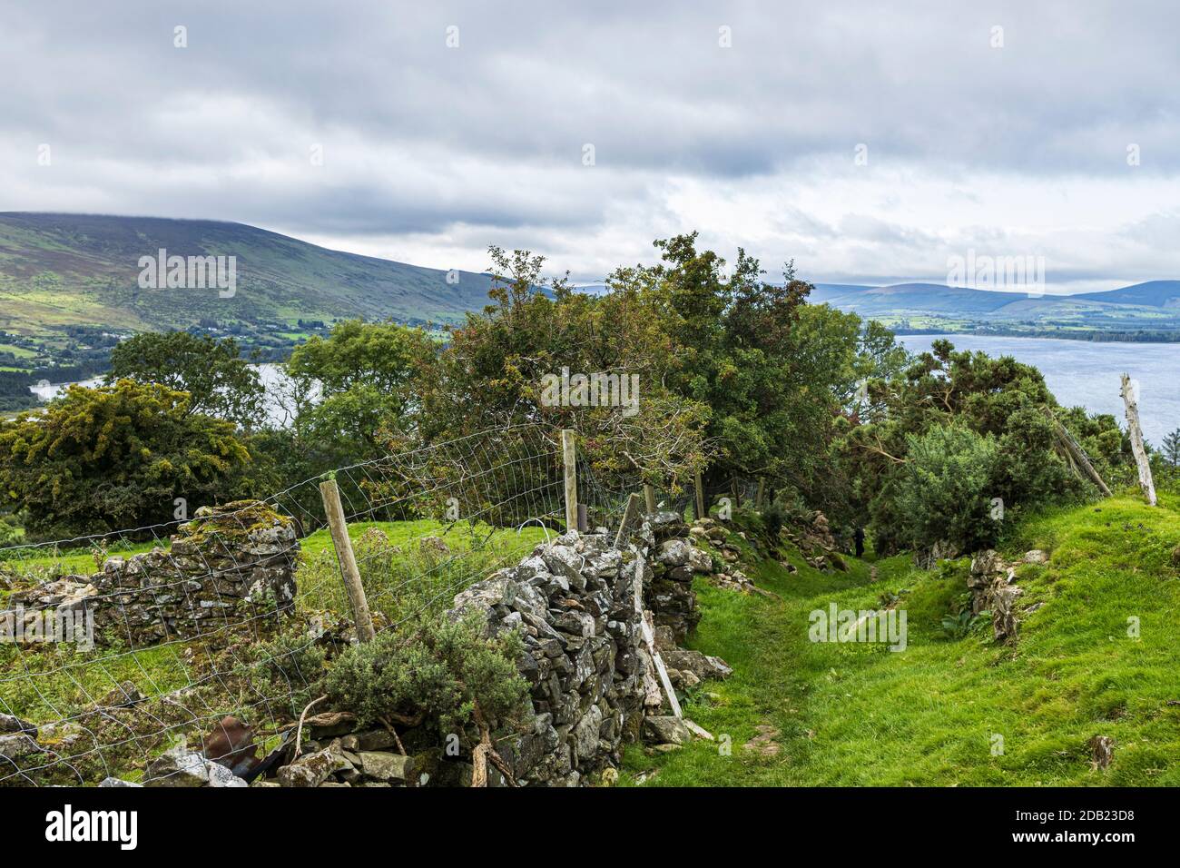 Overlooking Blessington lakes, water reservoir, on an overcast cloudy summers day, County Wicklow, Ireland, Stock Photo