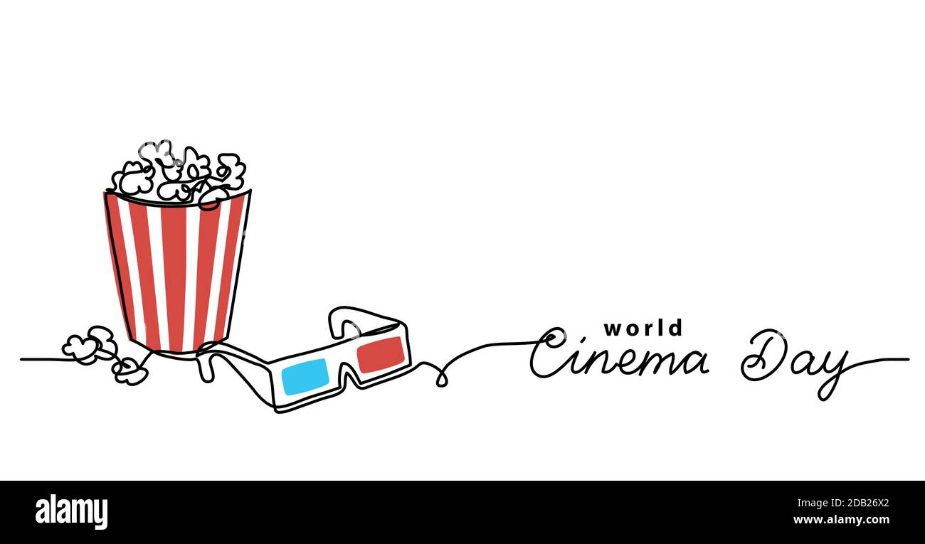 Cinema day vector illustration with popcorn bucket and 3d glasses. One line drawing art illustration with lettering world cinema day Stock Vector