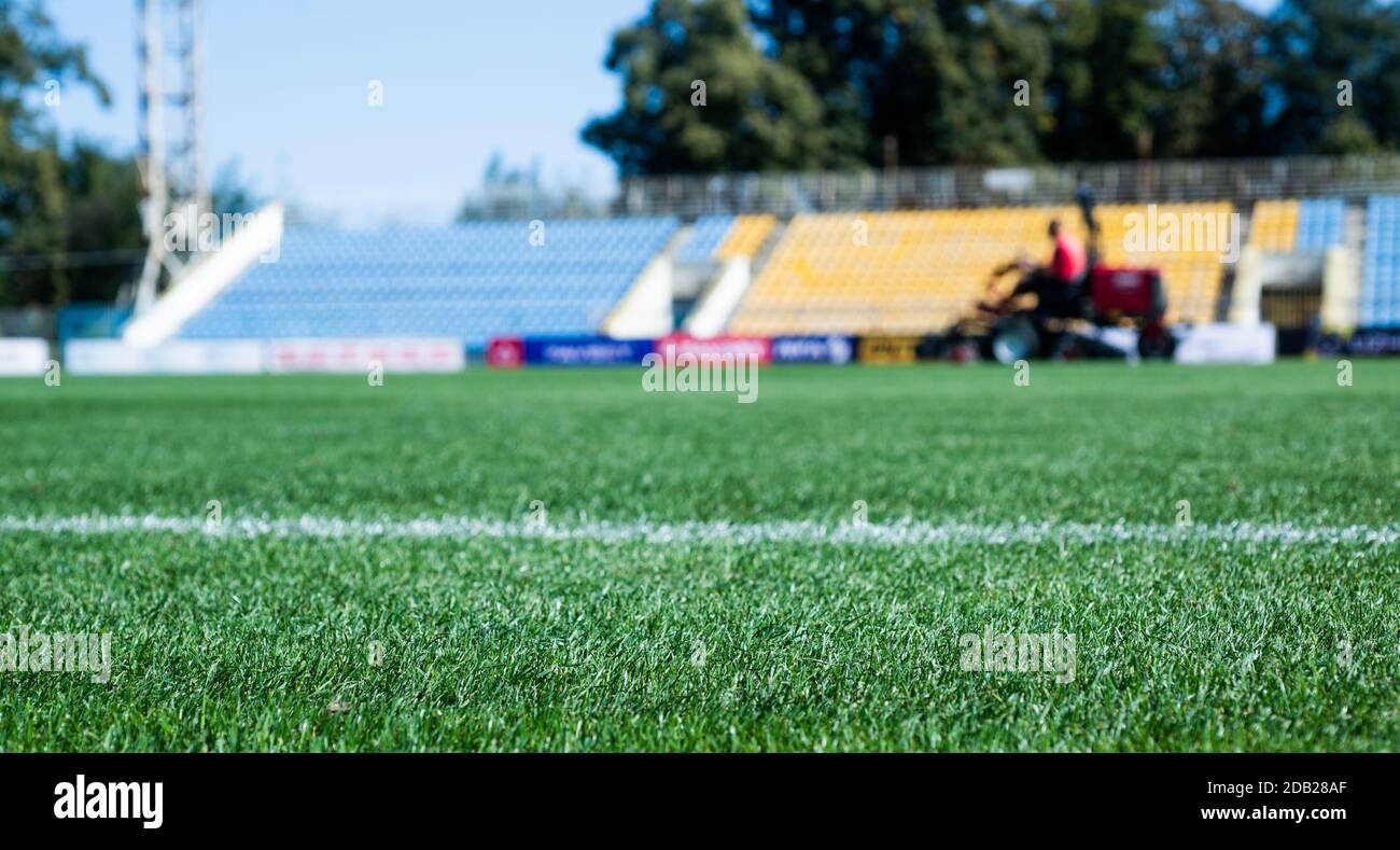 stadium arena soccer field. green grass on outdoor stadium, selective focus. sport and games