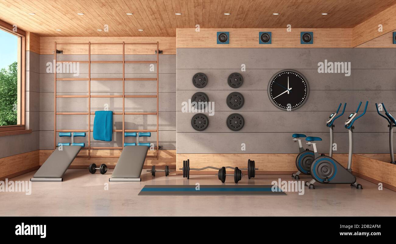 Home gym with swedish wall,bench,bicycle and weights - 3d rendering Stock Photo