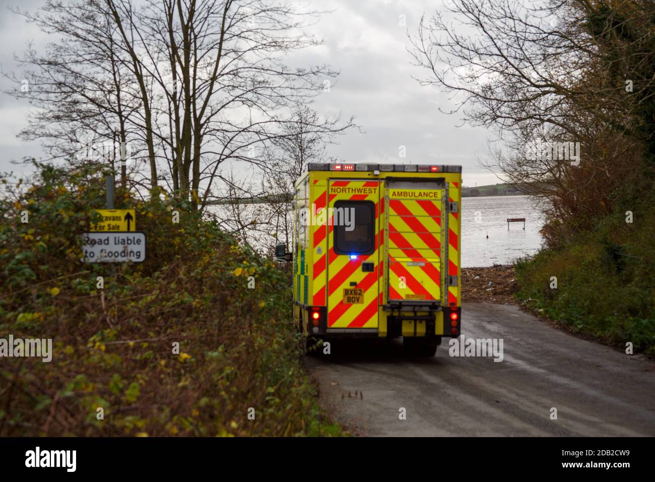 Riverside Caravan Park Lancaster Rd Snatchems Lancashire United Kingdom's 16th November 2020 PoliceFire Ambulance Coast Gurd nd RNLI where called to attend to a trapped motorist at Snatchems who had been caught in flood water Rescue was completed by Lancashire Fire and Rescuce services with out the Inshore Hovercraft being launched Two swift water rescue technicians used a rescue sled to enter the water and locate the vehicle. The driver was rescued by the Firebrigade Stock Photo