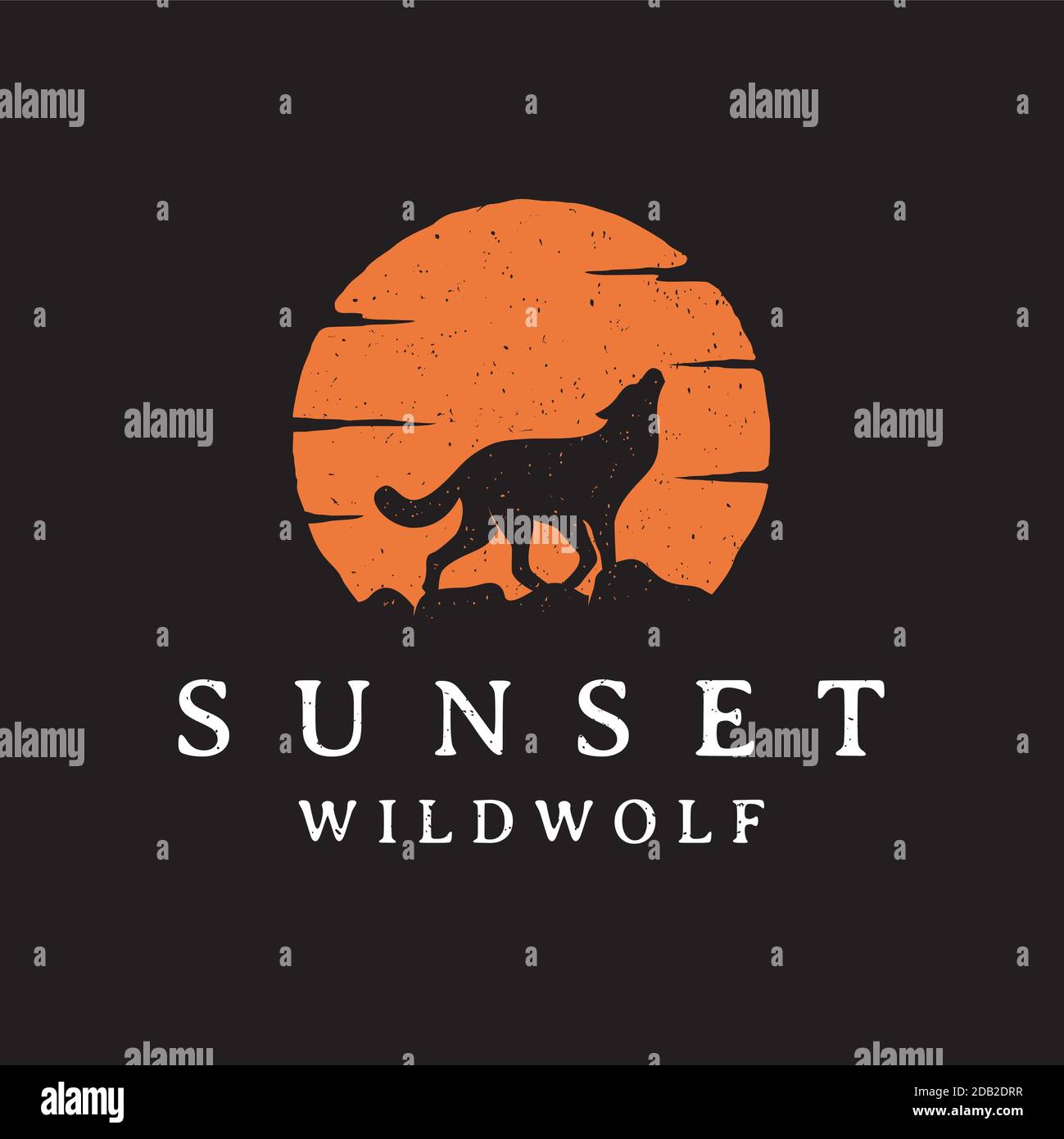 Vintage rustic hipster Howling Wolf Silhouette sunset / sunrise logo design Stock Vector