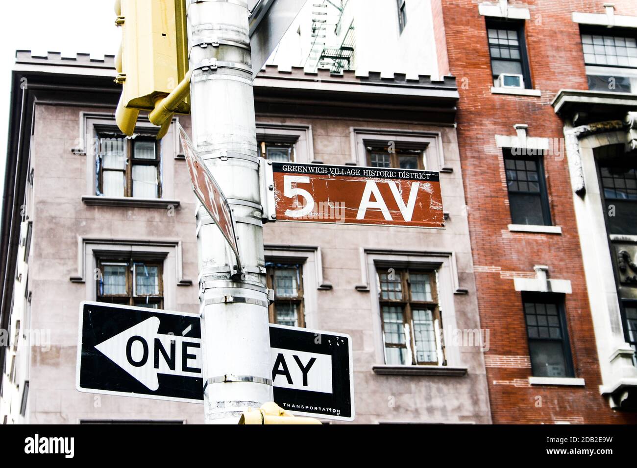 street signs at crossroads in the downtown district of new york, concept of giving direction, 5 Avenue Stock Photo