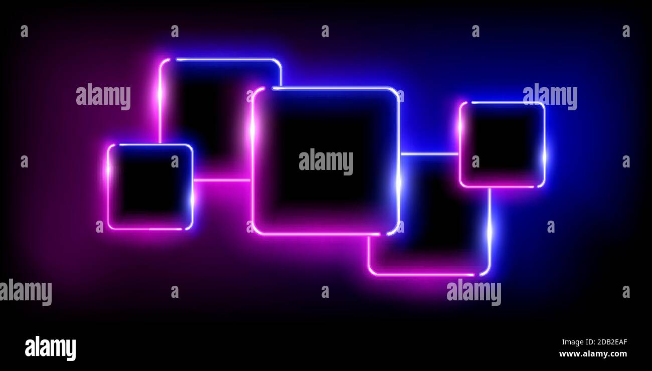 Glowing neon pink and blue squares set abstract background. Lines with ...