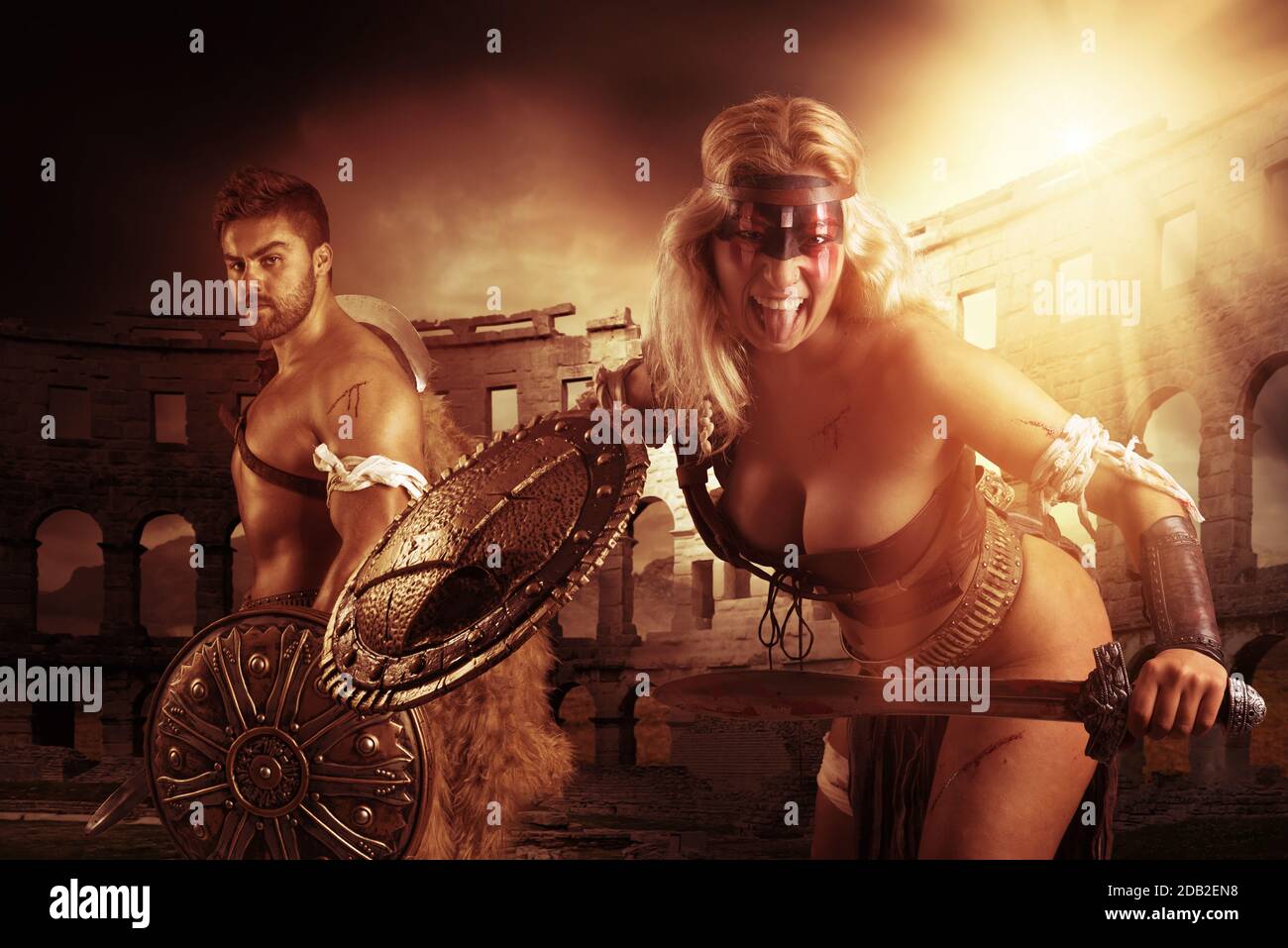 Ancient warrior or Gladiator's couple ready to fight in the arena Stock Photo