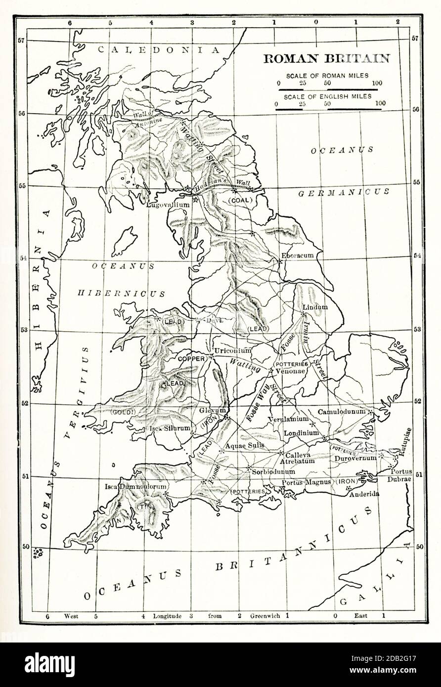 Map Roman Britain. The Province of Britain (Britannia) was the area of the island of Great Britain that was governed by the Roman Empire, from 43 to 410 AD. It comprised almost the whole of England and Wales and, for a short period, southern Scotland. Stock Photo