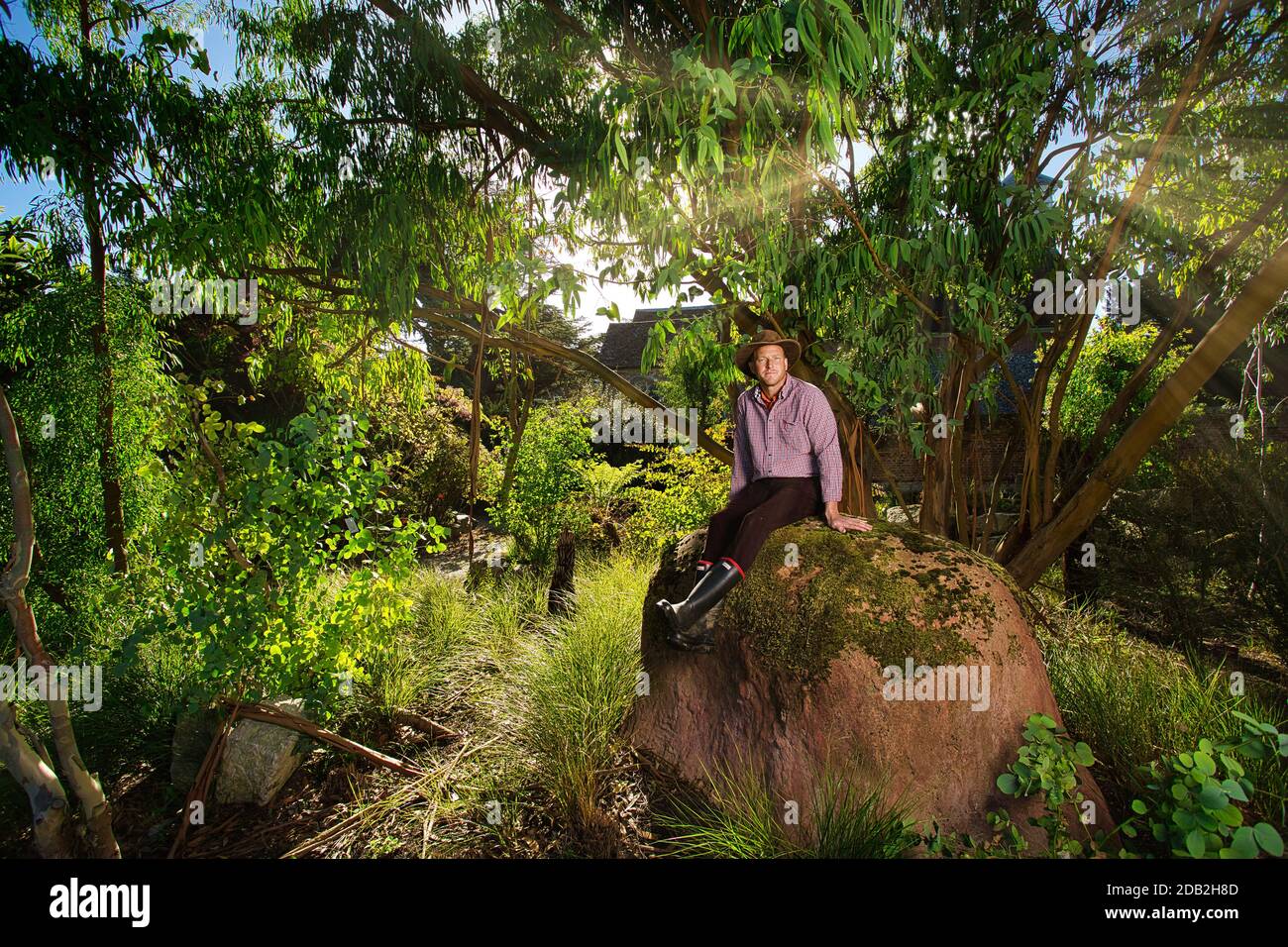 Portrait of Tom Hart Dyke in the World Garden of Plants , Eynsford,Kent ,UK Stock Photo