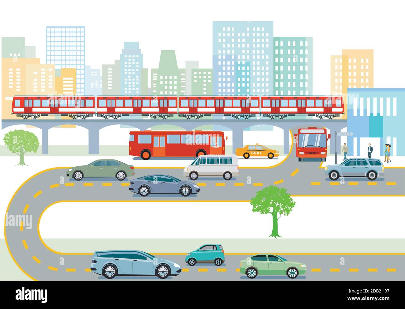 Transport by elevated train, bus and road traffic Stock Vector
