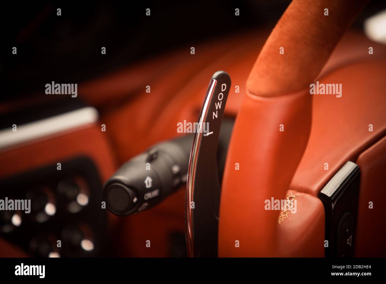 Gear levers in the steering wheel of a modern car. Paddle shift, car