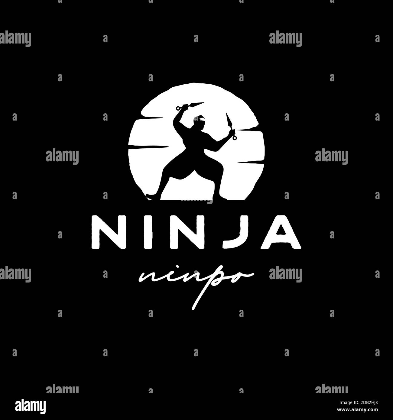 Vintage Ninja Warrior moon logo Design Vector Template. Silhouette of japanese fighter Stock Vector