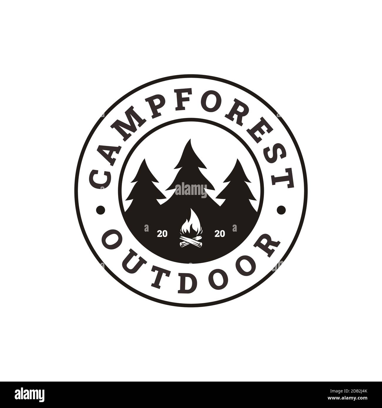 Fir Pines Evergreen tree, bonfire camp outdoor adventure stamp badge logo design Stock Vector