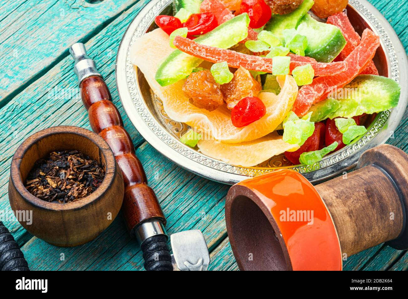 Shisha with dried fruits.Smoking hookah or shisha with tobacco aroma of oriental sweets Stock