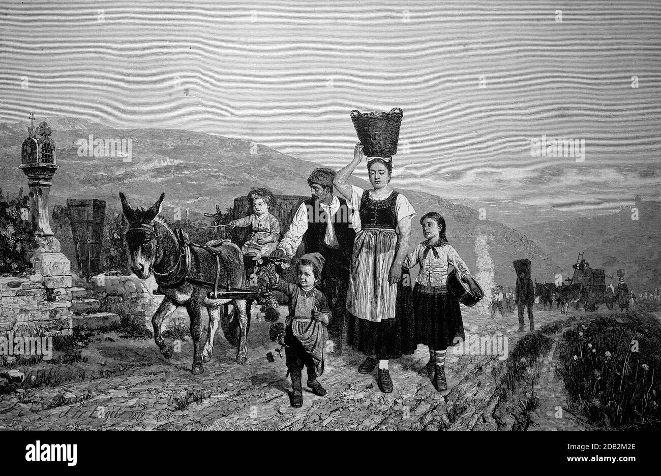 Grape harvest at the Mosel, winegrowing family with a donkey team on the way home after the harvest, 1880, Germany  /  Weinlese an der Mosel, Winzerfamilie mit einem Eselsgespann auf dem Heimweg nach der Lese, 1880, Deutschland, Historisch, historical, digital improved reproduction of an original from the 19th century / digitale Reproduktion einer Originalvorlage aus dem 19. Jahrhundert, Stock Photo