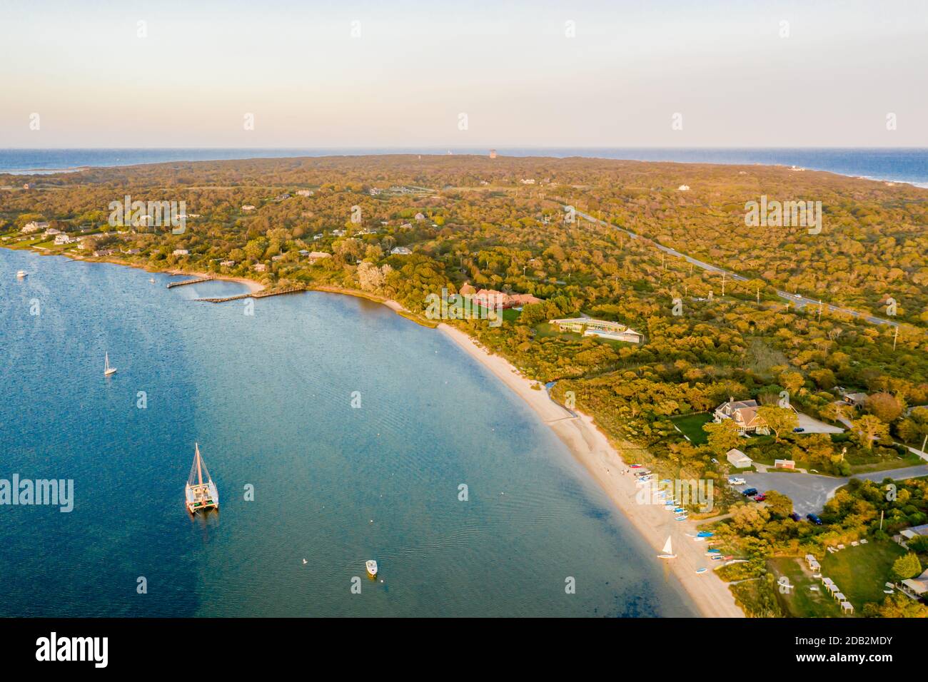 aerial image of lake Montauk and highway 27, Montauk, NY Stock Photo