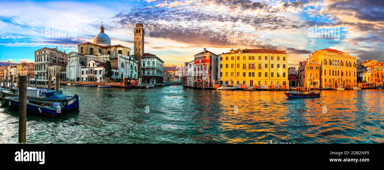 Romantic Venice town over sunset. Venetian canals. Italy Stock Photo