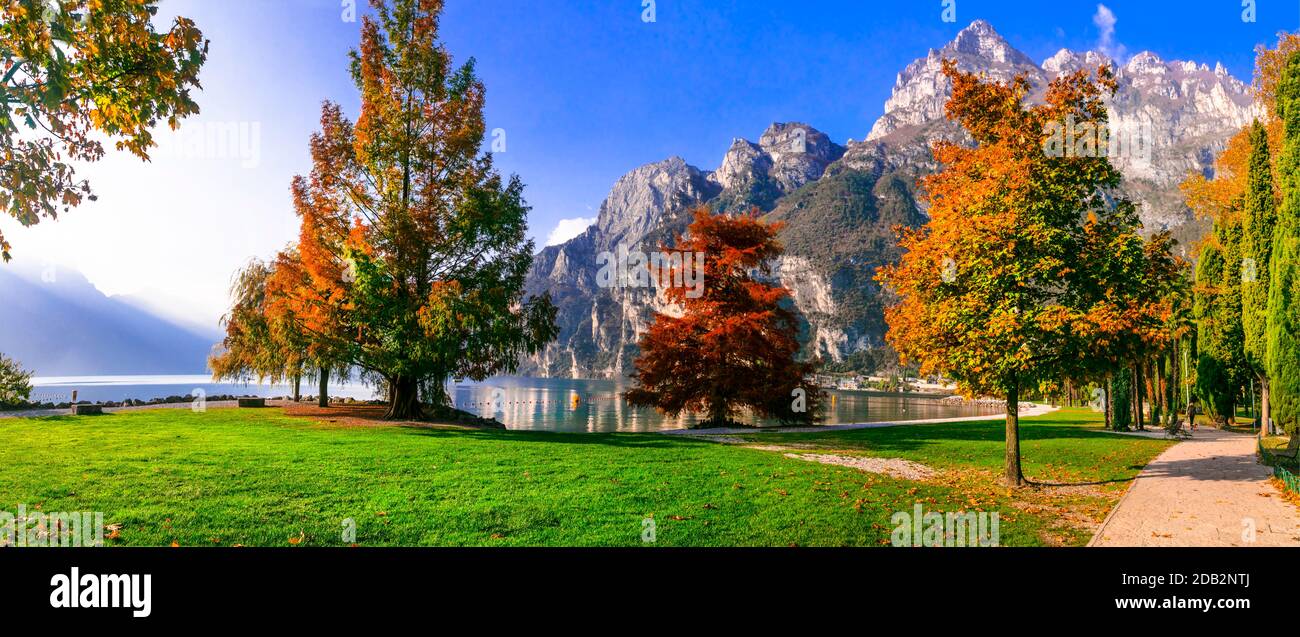 Wonderful autumn scenery. sunny morning in Riva del Garda. Garda lake , northern Italy Stock Photo