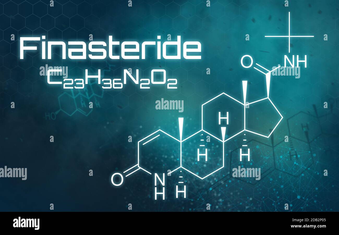 Chemical formula of Finasteride on a futuristic background Stock Photo