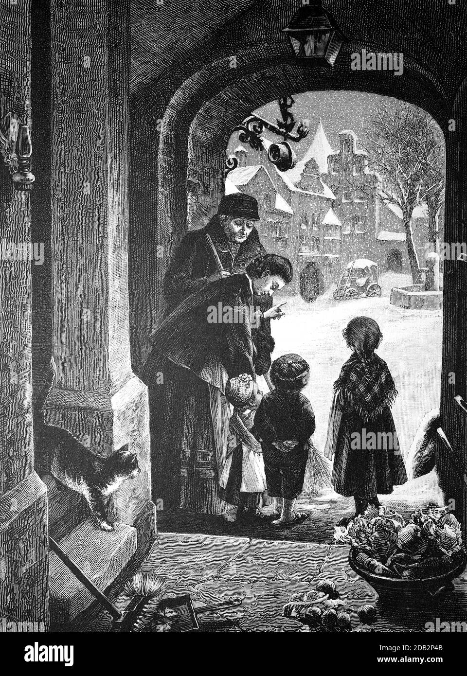 The first snow, Family stands in the doorway and shows the children the first snowflakes, 1880, Germany / Der erste Schnee, Familie steht in der Türöffnung und zeigt den Kindern die ersten Schneeflocken, 1880, Deutschland, Historisch, historical, digital improved reproduction of an original from the 19th century / digitale Reproduktion einer Originalvorlage aus dem 19. Jahrhundert, Stock Photo