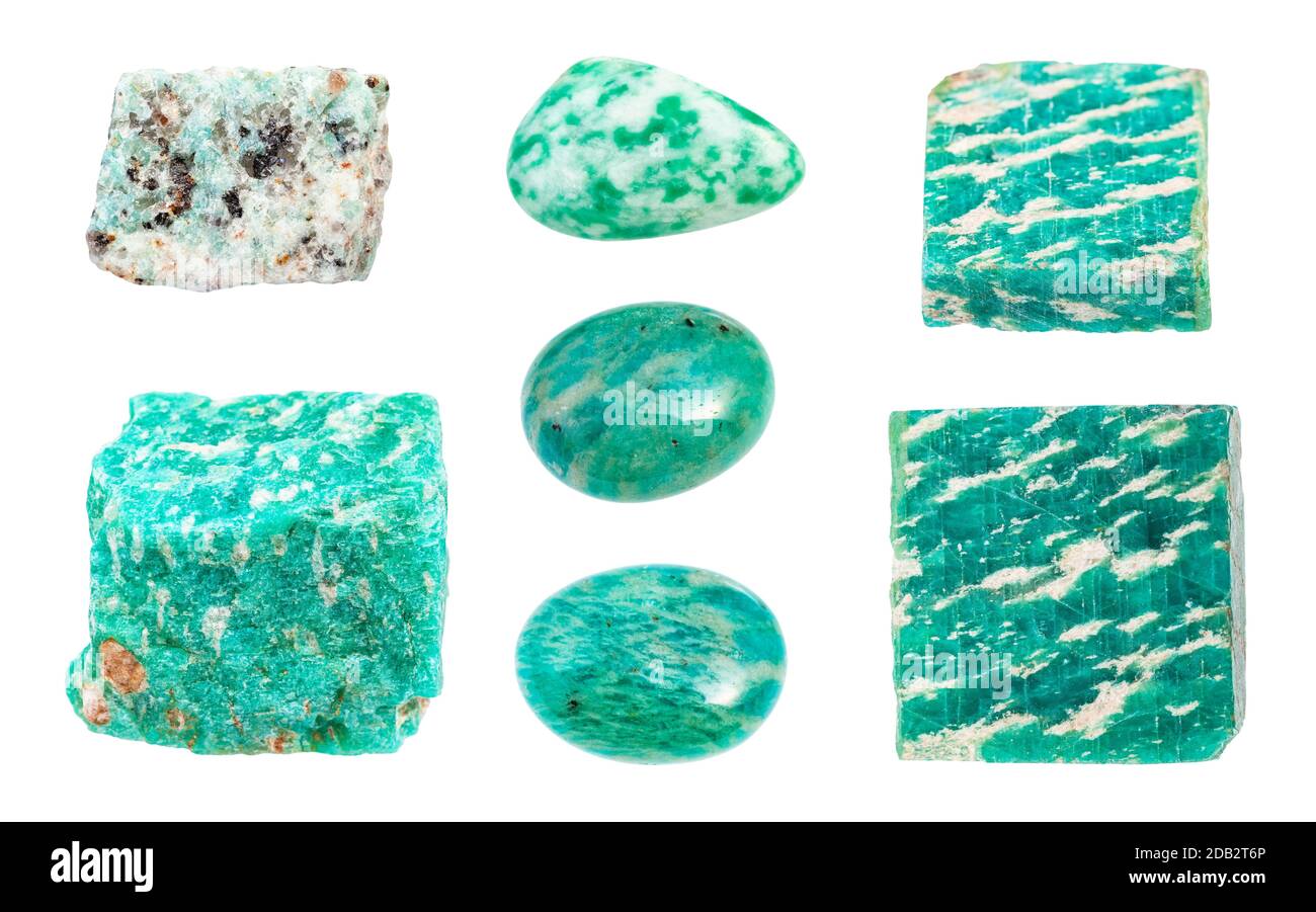 Set Of Various Green Amazonite Amazon Stone Gemstones Isolated On White Background Stock Photo Alamy