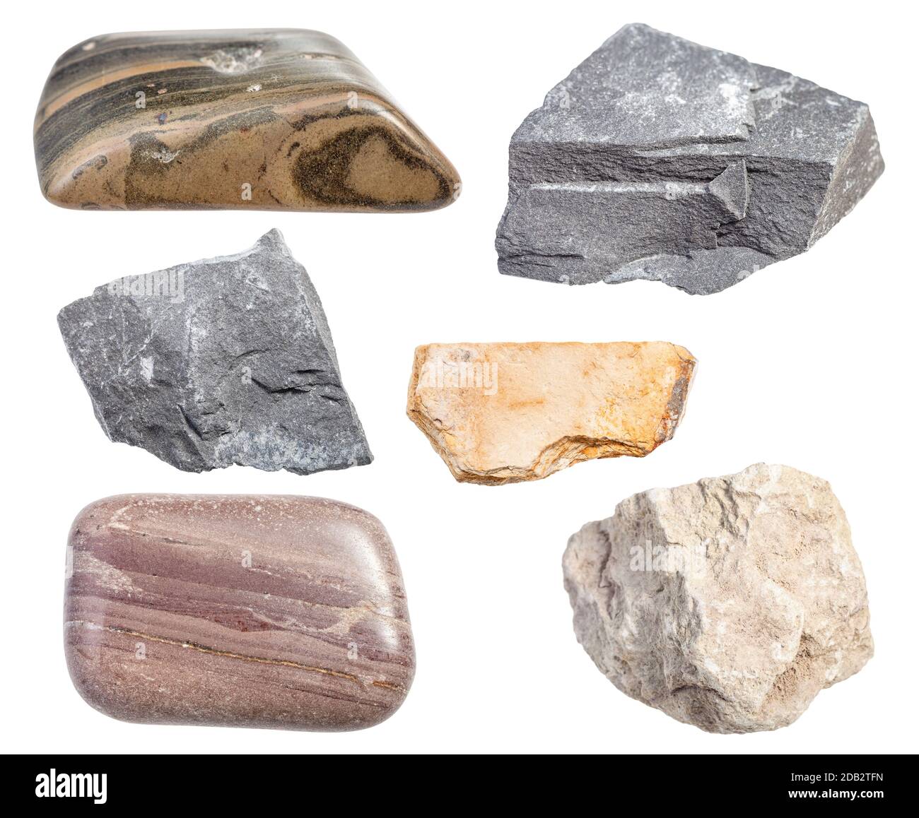set of various mudstone rocks isolated on white background Stock Photo