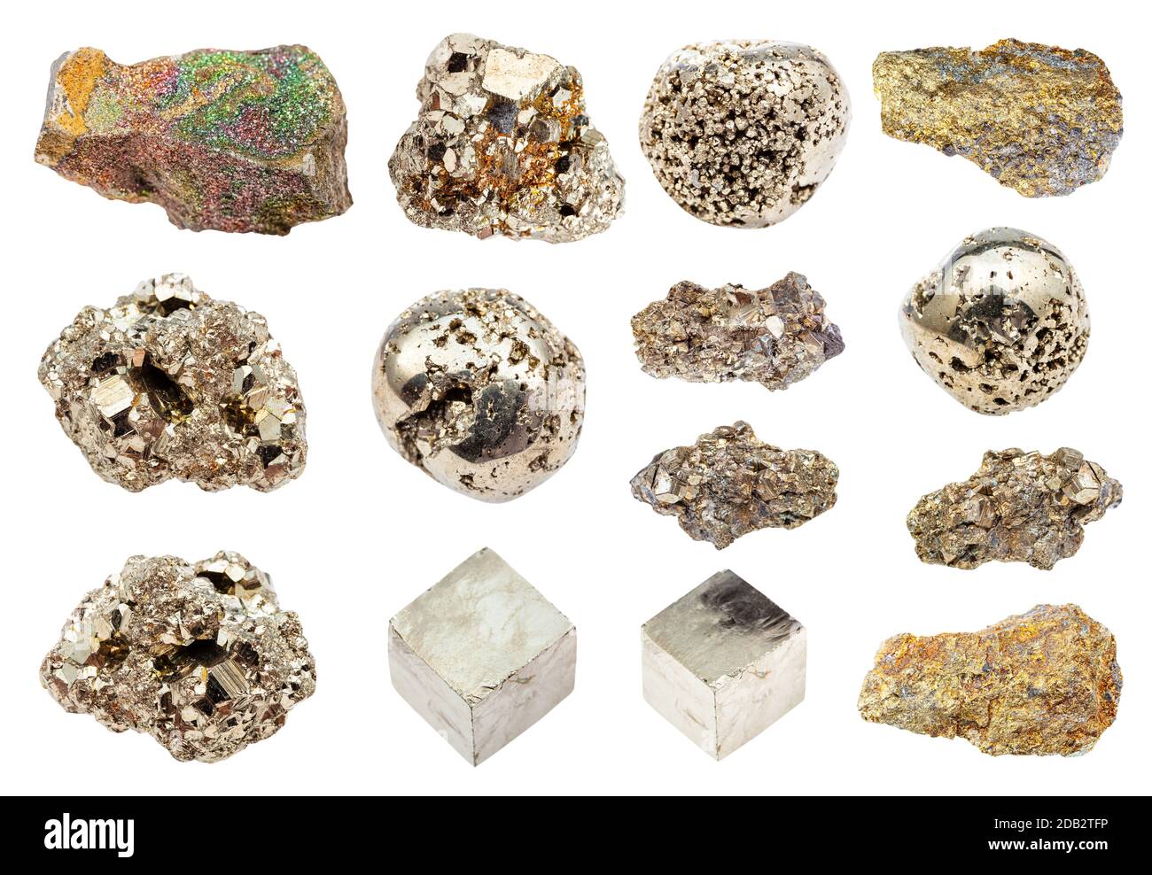 set of various Pyrite (iron pyrite, fool's gold) crystals isolated on
