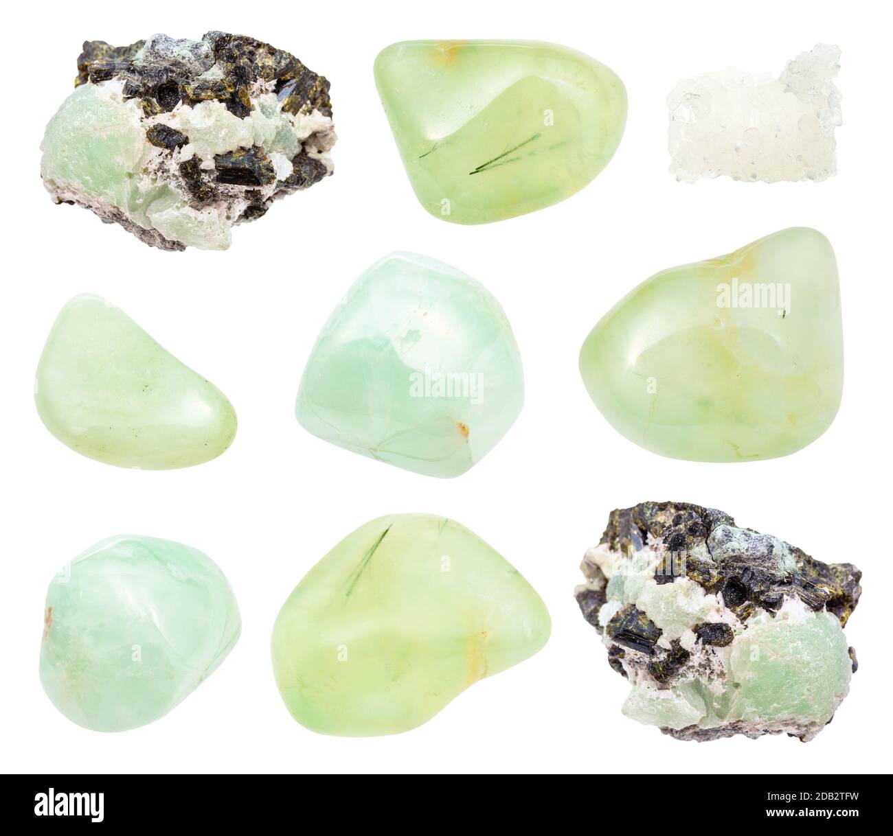 set of various Prehnite gemstones isolated on white background Stock Photo