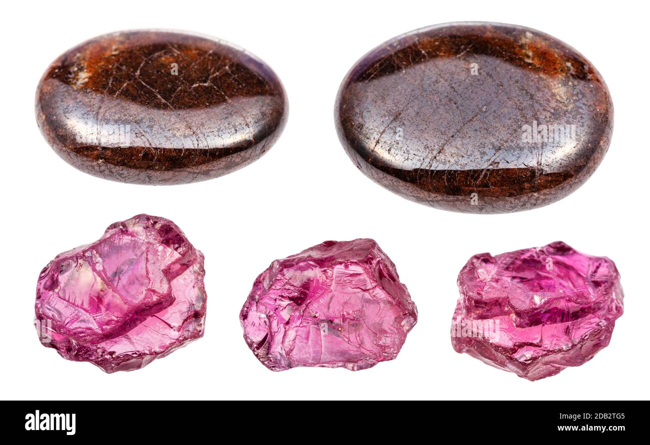 set of various pyrope garnet gemstones isolated on white background ...