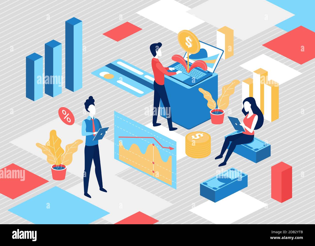 Business financial profit growth isometric concept vector illustration. Cartoon 3d tiny analyst business people working, analyzing growing graph arrow chart, planting money plant in pot background Stock Vector