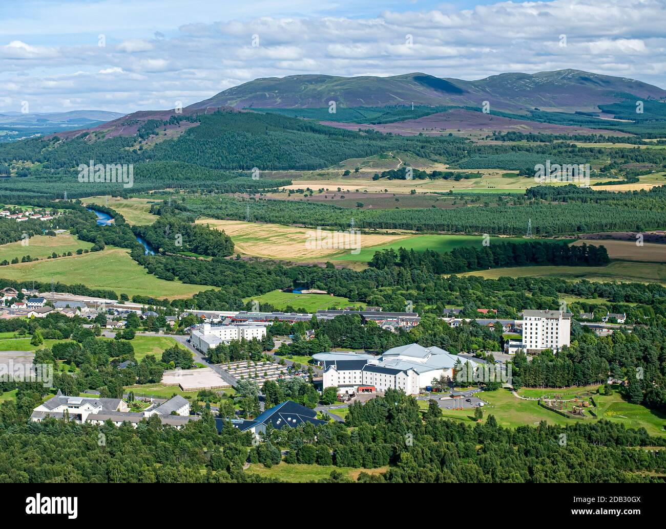 The Aviemore holiday resort centre in Inverness-shire from Creagellachie hill overlooking the Spey Valley. Stock Photo