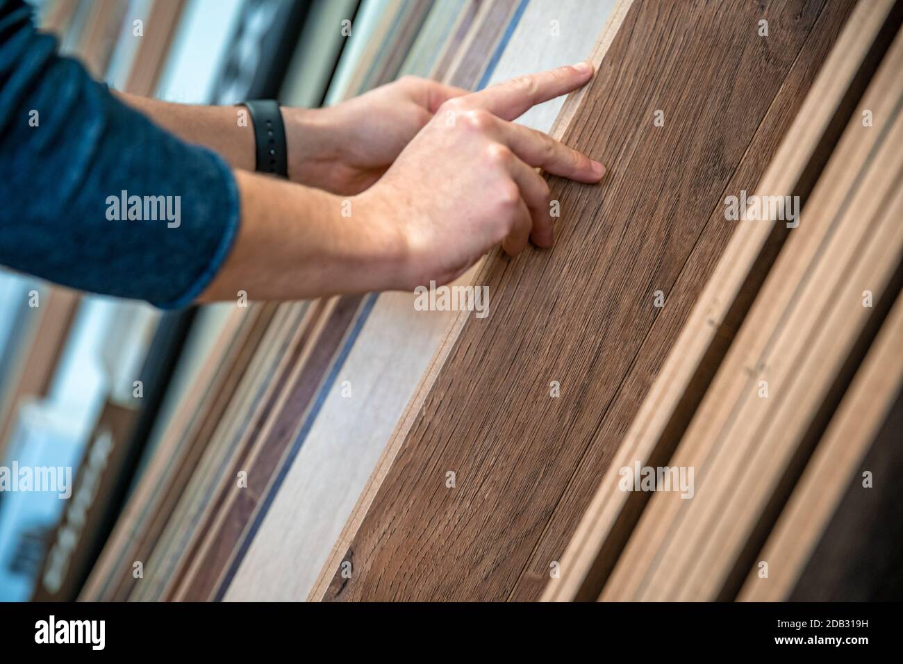 Male selects wooden floor of the sample in the specialized trade. Stock Photo