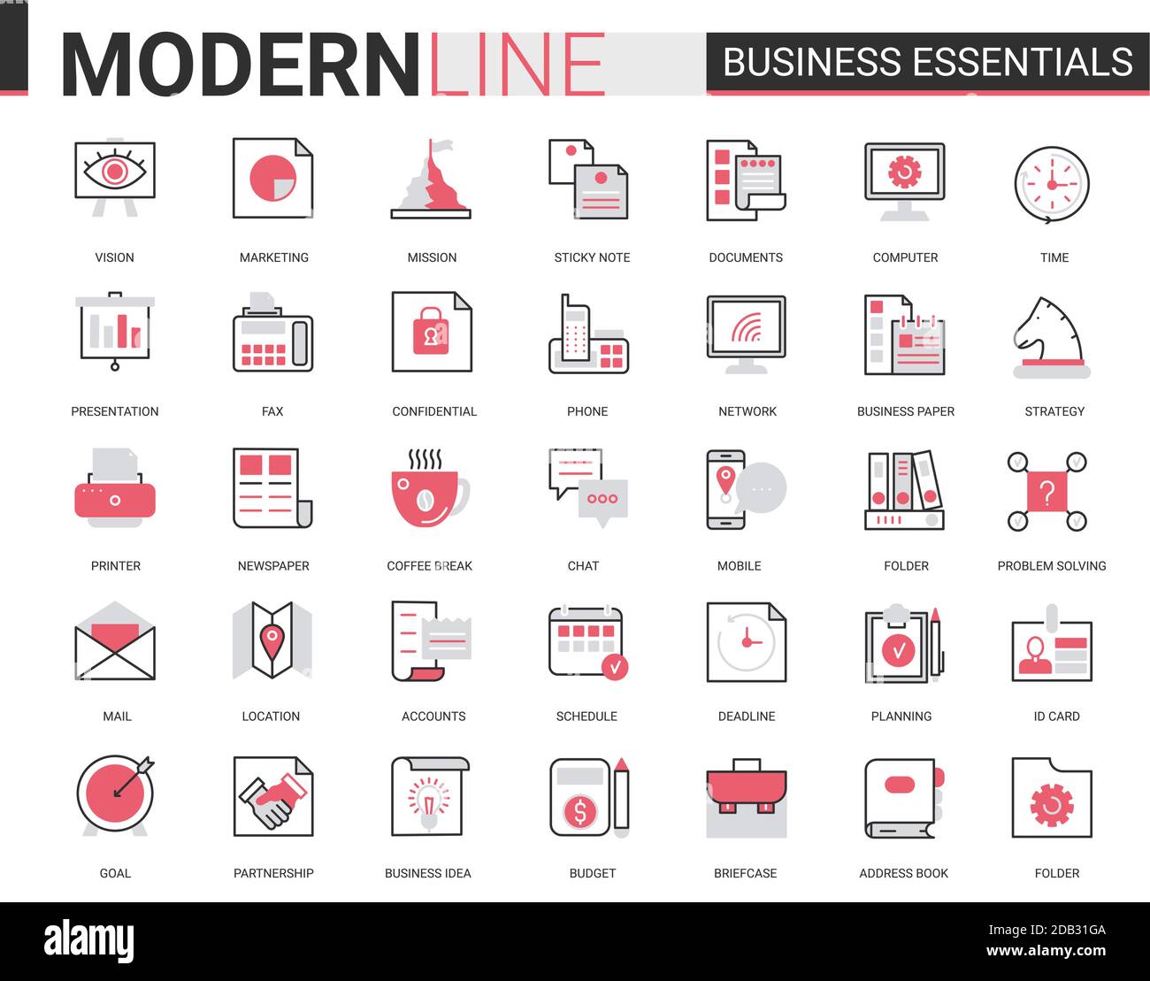 Business thin red black flat line icon vector illustration set. Business essential website outline pictogram symbols collection with office objects, equipment and documents for financial development Stock Vector