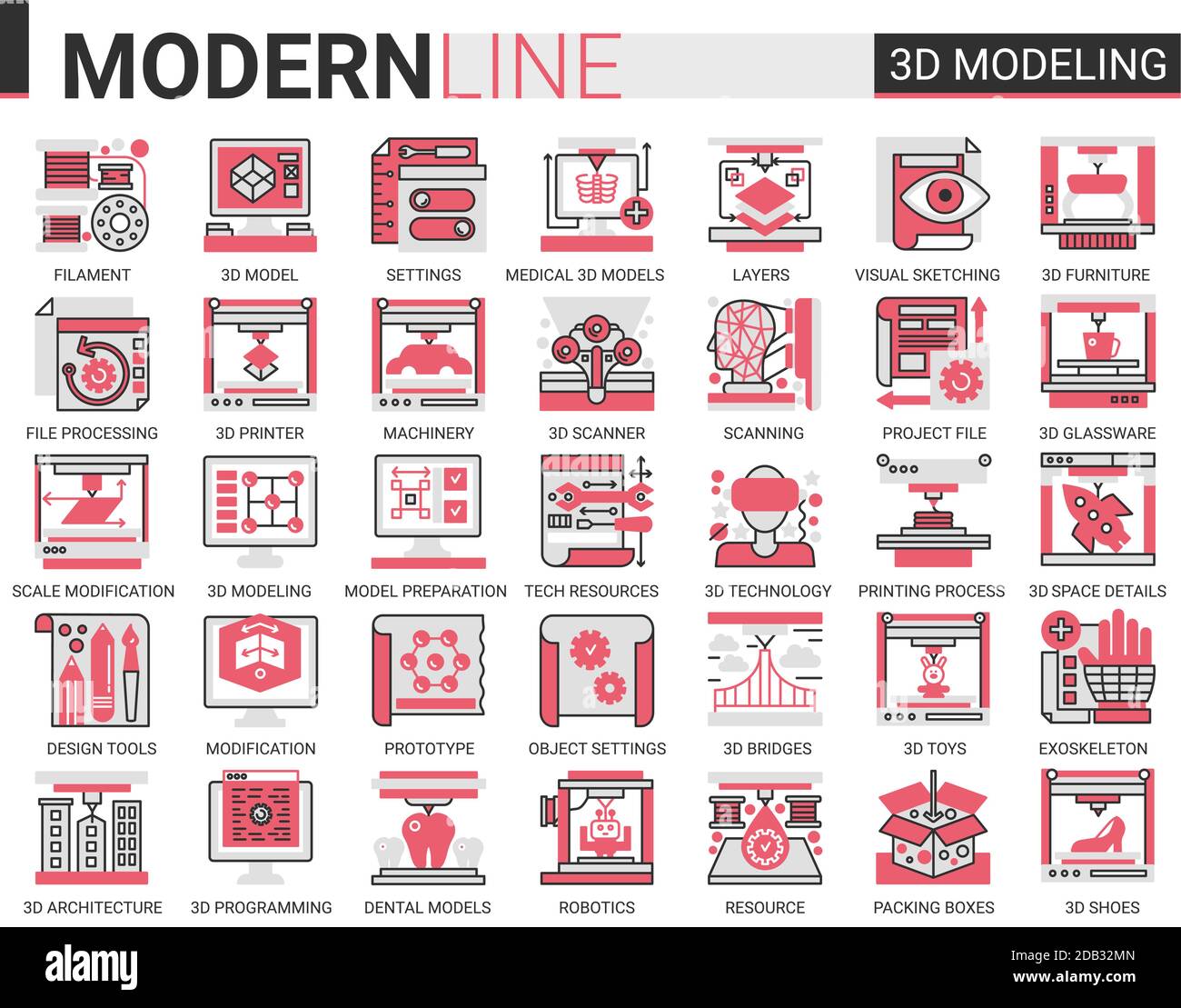 3d printing complex flat line concept science technology web icons vector set. Red black thin line creative design with modelling modern tech printer equipment machinery, future scientific innovation Stock Vector