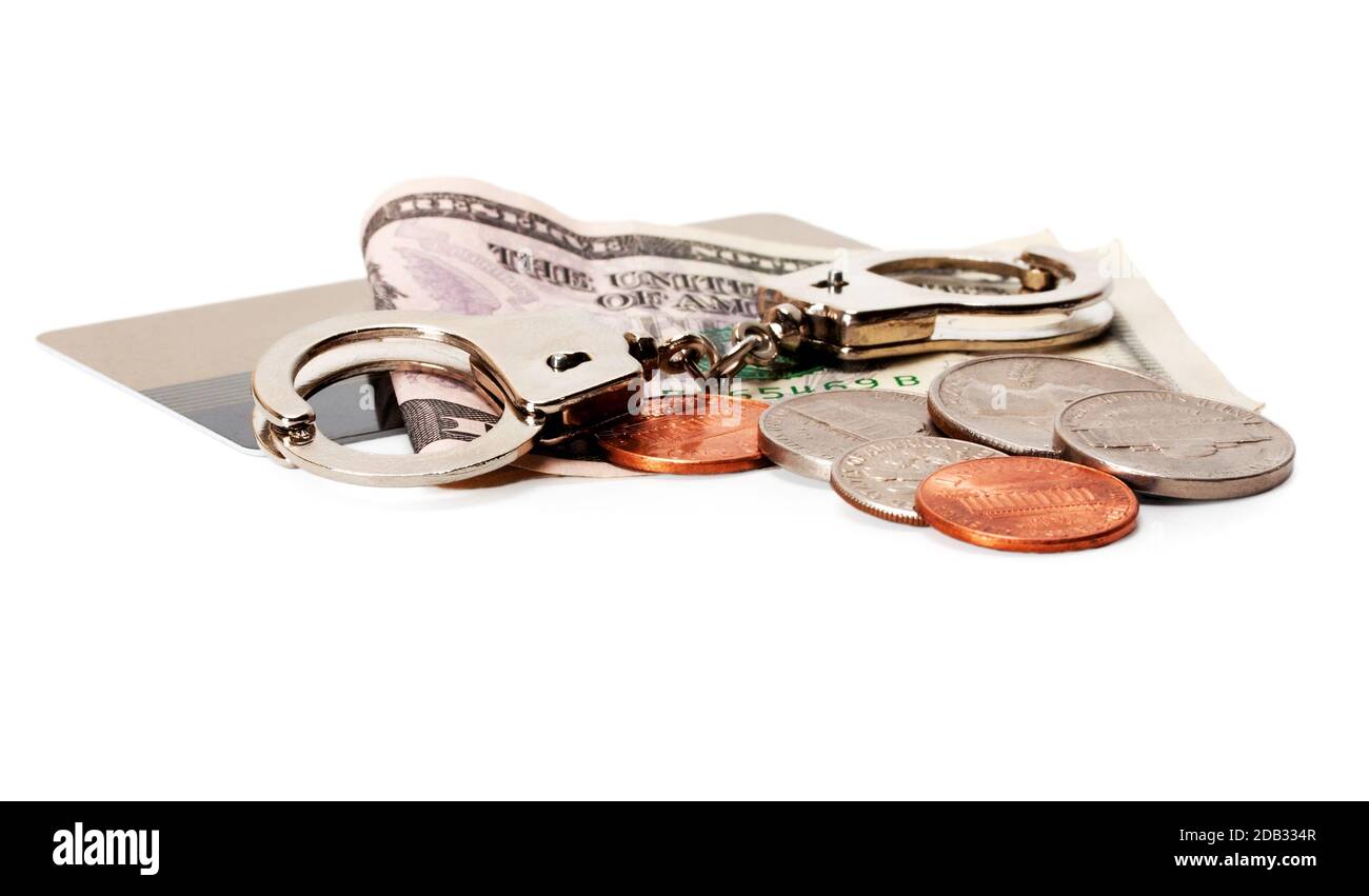 Money and handcuffs of credit card isolated. Lockdown COVID-19, trade business global economic crisis, Financial Markets, quarantine concept Stock Photo