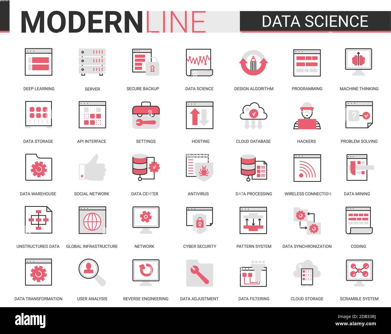 Data science thin red black flat line icon vector illustration set with outline symbols collection of scientific technology in database storage internet systems, cyber security of network connection Stock Vector
