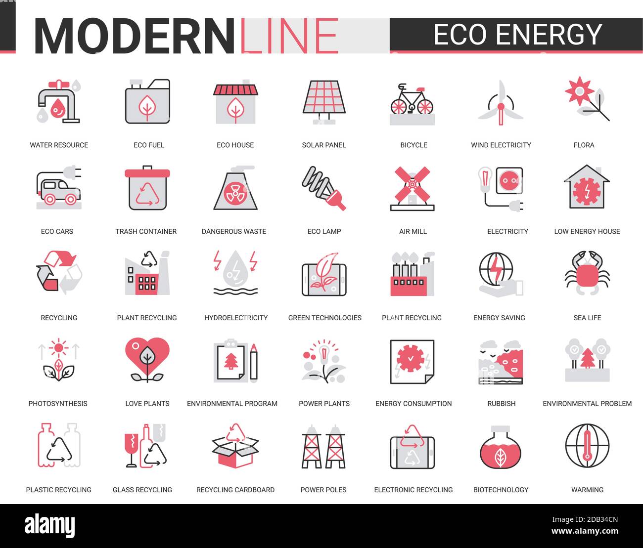 Eco energy flat line icon vector illustration set. Red black website design collection of ecology problems linear symbols, environmental ecosystem protection and green waste recycling technology Stock Vector