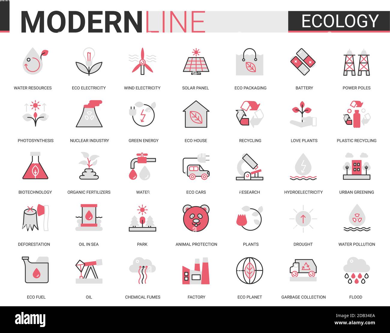 Ecology flat line icon vector illustration set. Red black thin linear design collection of ecosystem environmental resource symbols, eco cars houses, modern green city technology to save environment Stock Vector