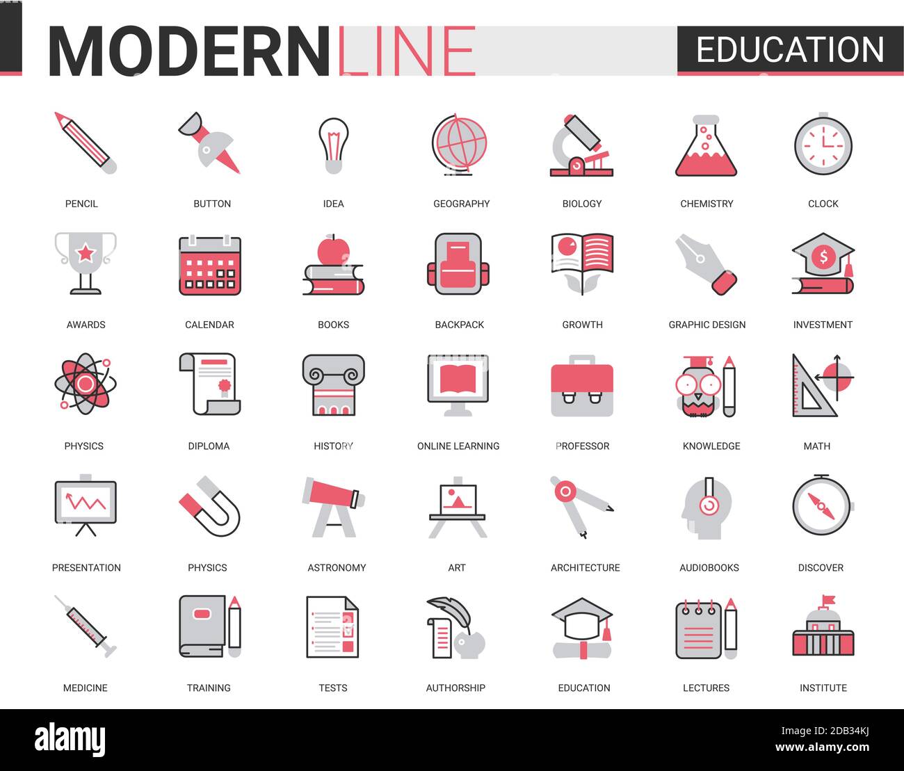 Education flat thin red black line icon vector illustration set with outline infographic school, laboratory or university, educational symbols, lab experiment equipments, school book and stationery Stock Vector