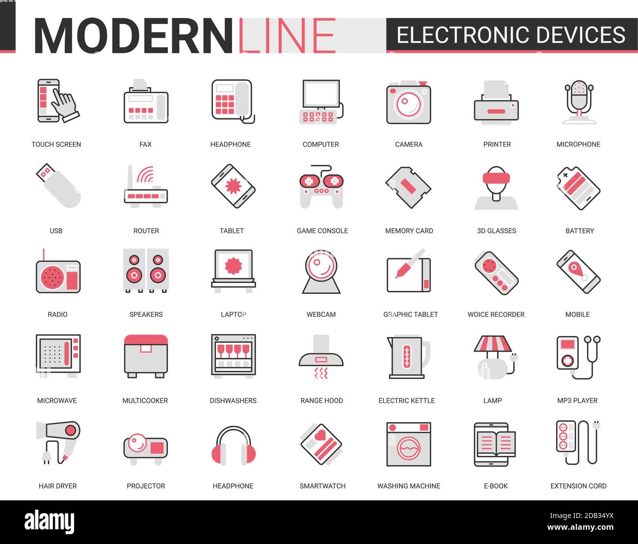 Electronic devices flat line icon vector illustration set. Red black computer game accessories and kitchen appliances collection of outline electronically symbols for gadget or kitchenware store Stock Vector