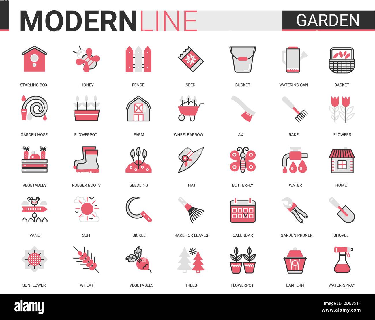 Garden farm tool icon vector illustration set. Red black thin flat line gardening or landscaping accessories for gardener farmer worker, agriculture equipment collection of outline pictogram symbols Stock Vector