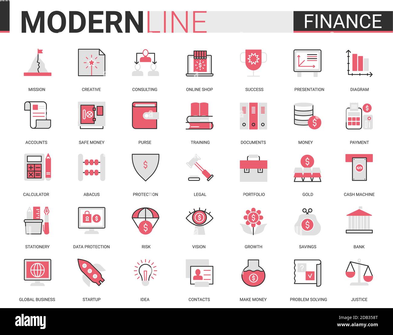 Finance flat thin red black line icon vector illustration set with outline financial business symbols collection of commerce analysis technology, economic data consulting and analyzing bank account Stock Vector