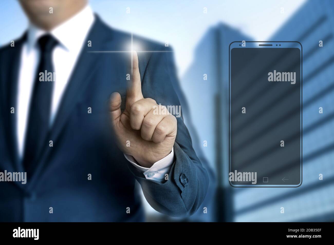 Smartphone touchscreen is operated by businessman Stock Photo - Alamy