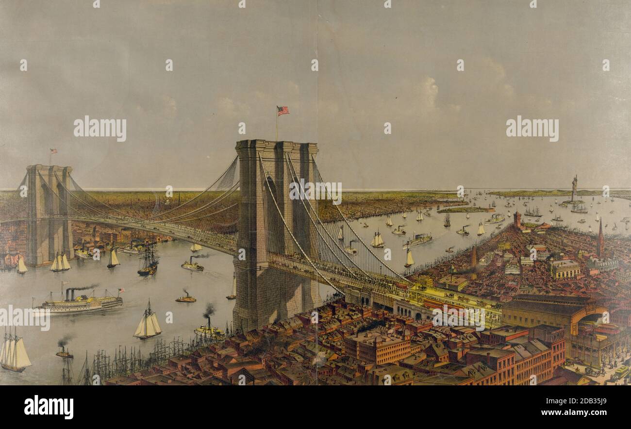 Grand birds eye view of the Great East River suspension bridge Connecting the cities of New York & Brooklyn : Showing also the splendid panorama of the bay and the port of New York.. Stock Photo
