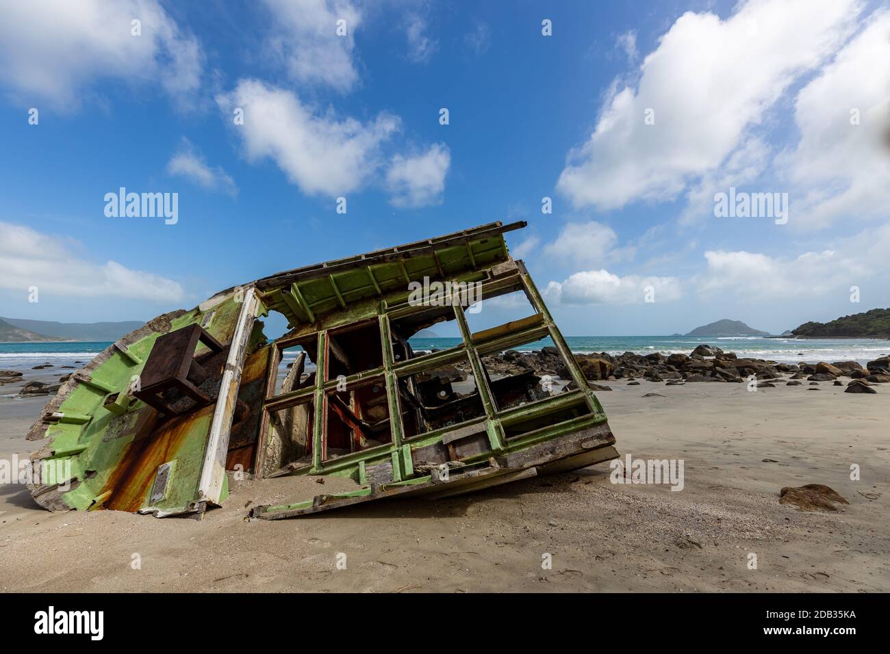 Boats Wreck on a beach of Con Dao in Vietnam Stock Photo