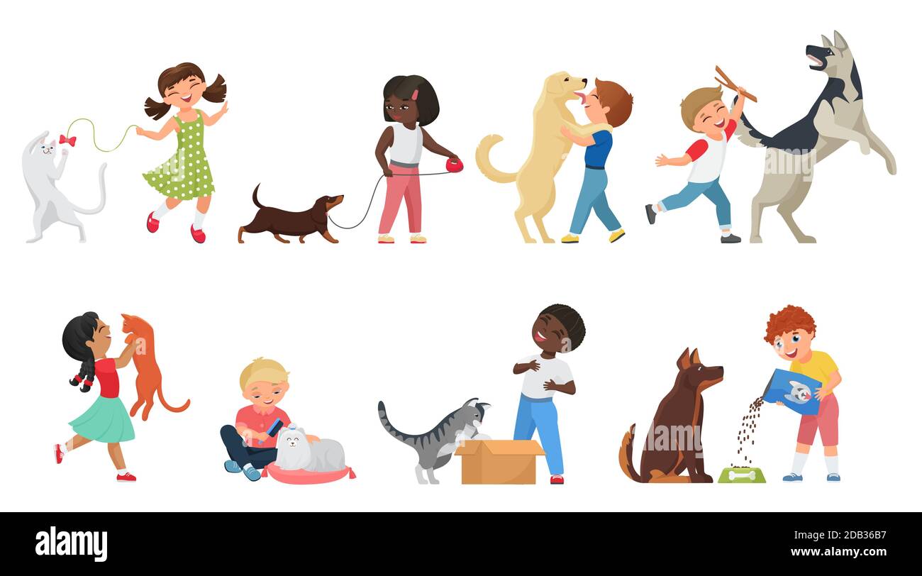 Happy kids play and walk with animals vector illustration set. Cartoon funny child and cute cat or dog playing together, pet owner girl and boy feeding and taking care own animal isolated Happy kids play and walk with animals vector illustration set. Cartoon funny child and cute cat or dog playing together, pet owner girl and boy feeding and taking care own animal isolated