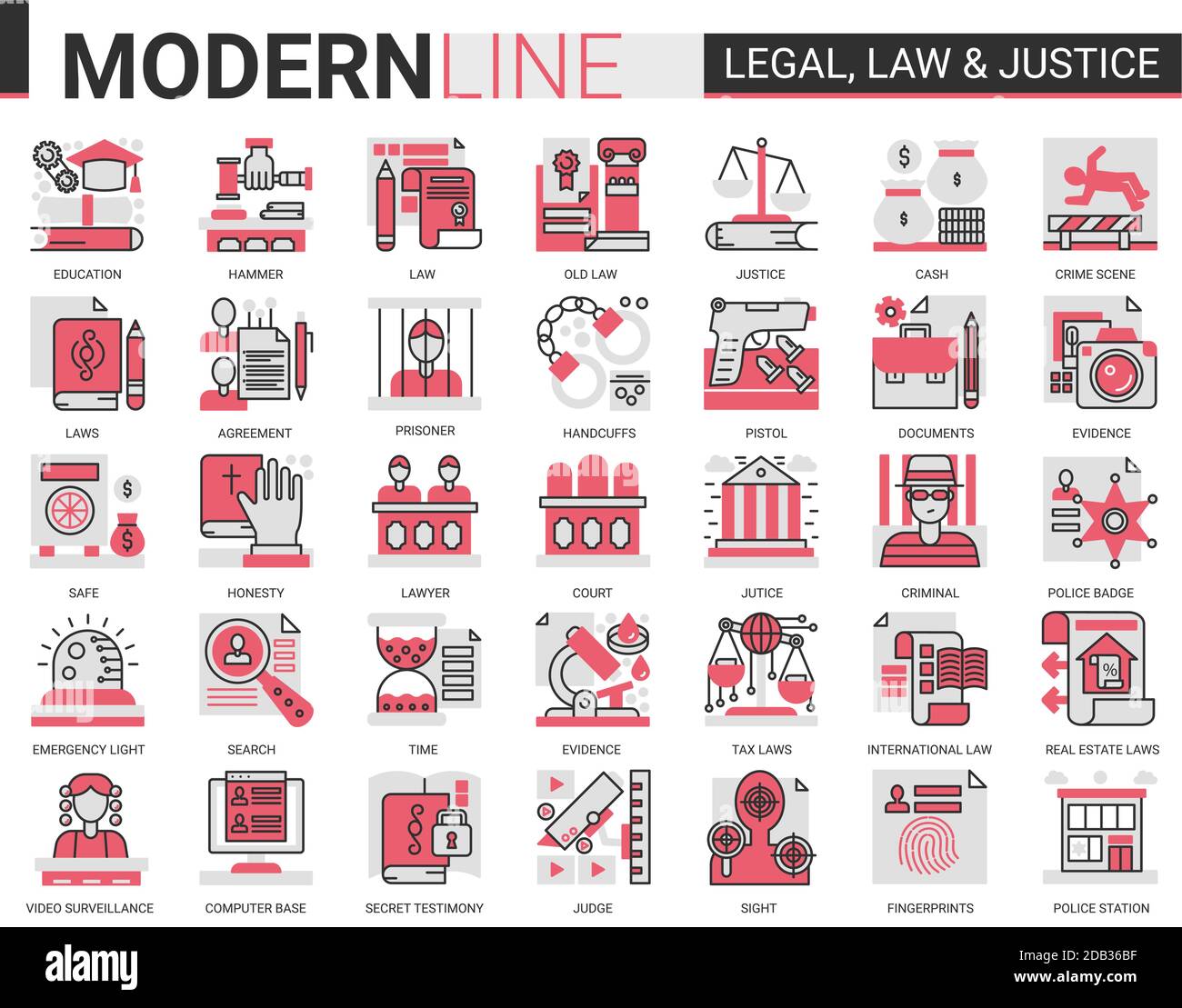 Legal law and justice complex concept flat line icon vector set. Red black infographic design of mobile app website symbols with judicial legislation education, lawyer defense, police investigation Stock Vector
